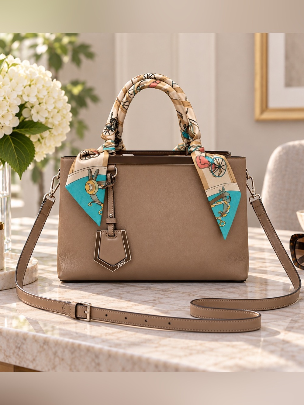 Fendi Petite 2Jours Vitello Calfskin Satchel Tortora Taupe Crossbody